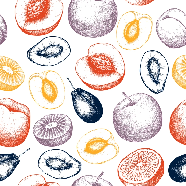 Fruit seamless pattern. Healthy food background. Vegetarian food design. Apple, plum, peach, apricot, orange  sketches. Hand-drawn vector illustration. NOT AI generated